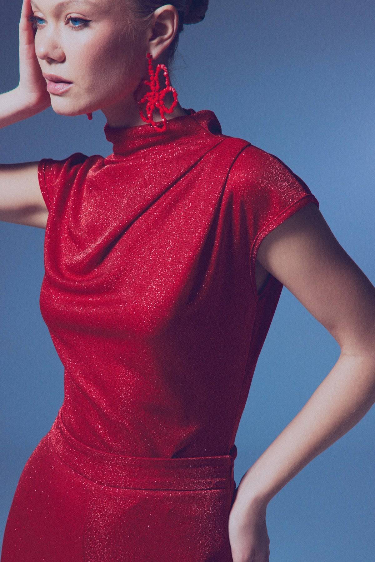 Glittery Mock Collar Bodysuit - Red