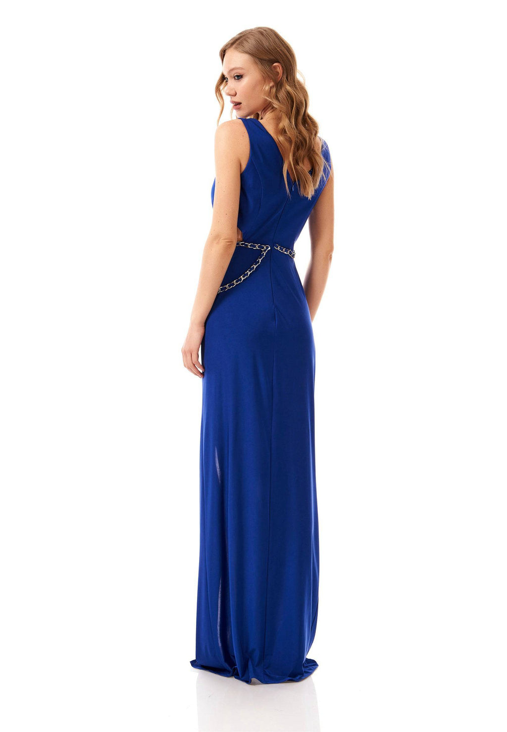 Sleeveless Maxi Lycra Bodycon Evening Dress with Cutout - Royal Blue
