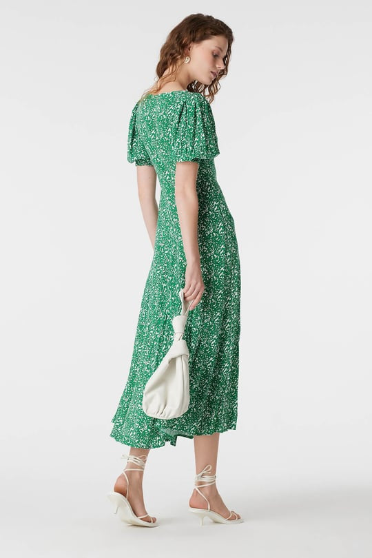 Green Puff Sleeve Floral Midi Dress with Side Slit – Summer Day Dress