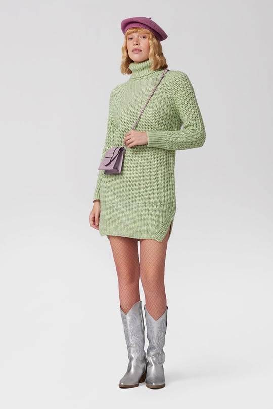 Turtle Neck Knit Jumper Mini Dress with Side Slits - Mint