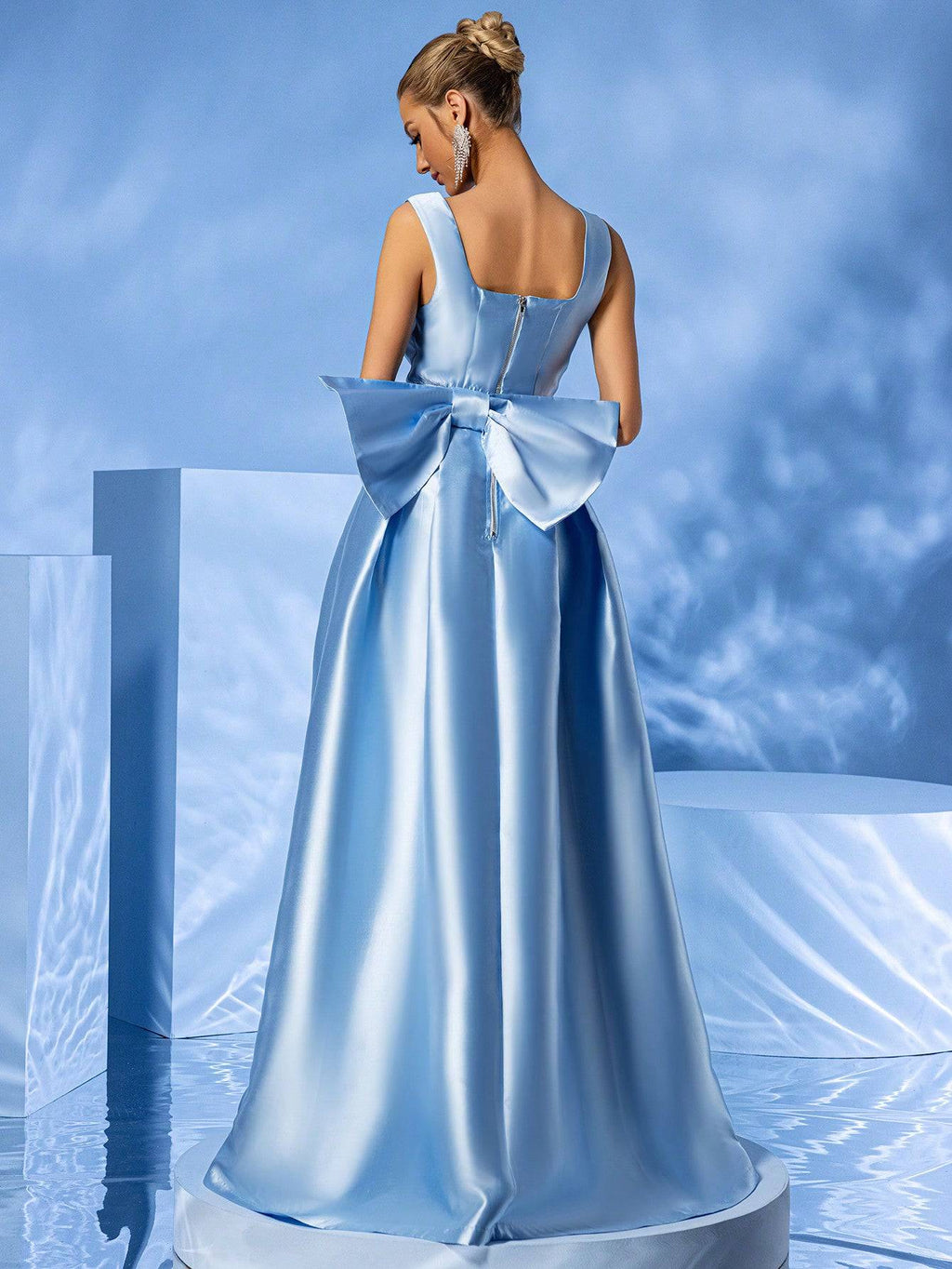 Square Neck Taffeta Puffy Pleated Maxi Dress With a Big Bow - Baby Blue