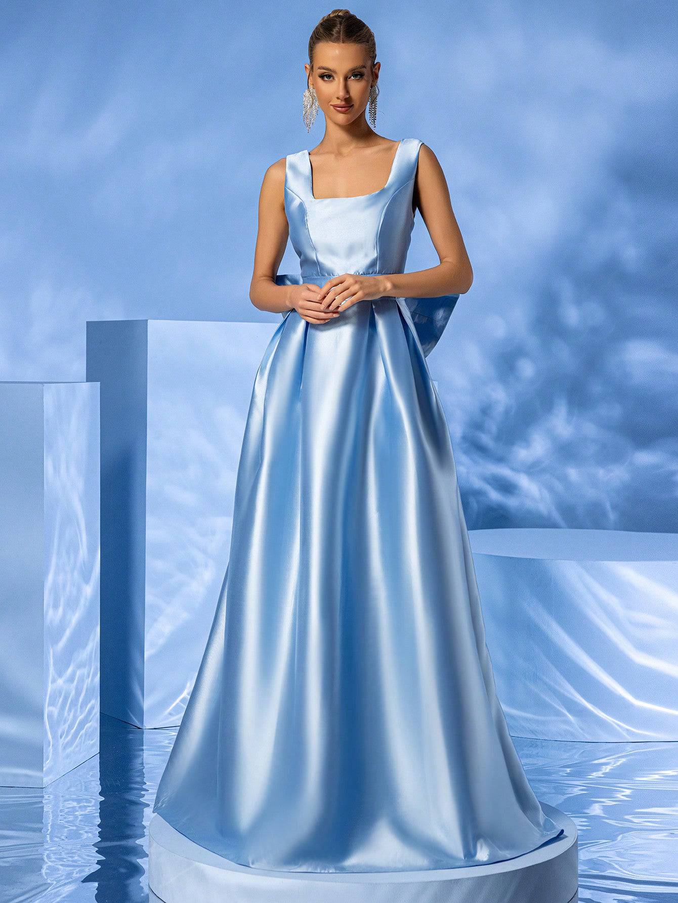 Square Neck Taffeta Puffy Pleated Maxi Dress With a Big Bow - Baby Blue