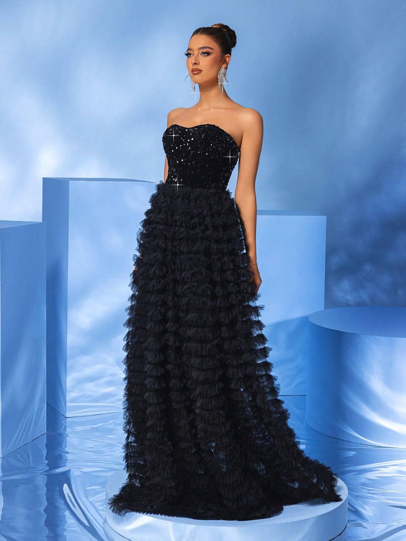 Strapless Black Sequin Ball Gown with Layered Tulle Ruffle Skirt – Luxe Prom & Gala Dress