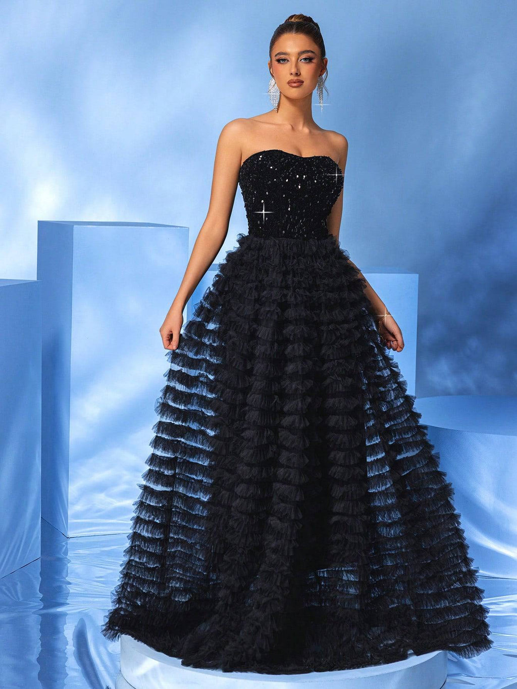 Strapless Black Sequin Ball Gown with Layered Tulle Ruffle Skirt – Luxe Prom & Gala Dress