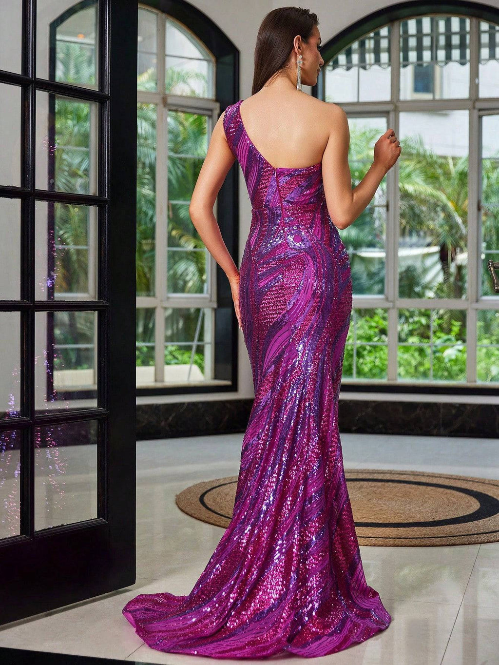 One-Shoulder Mesh Sequin Maxi Dress - Purple