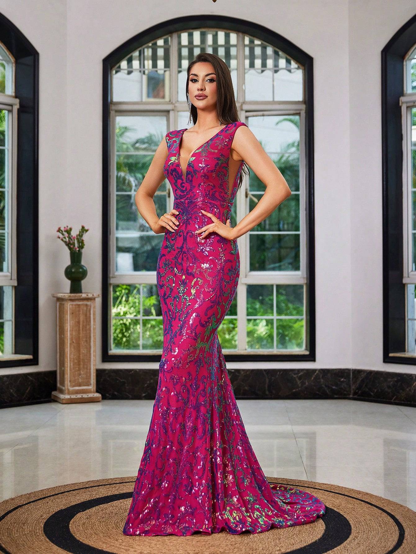V-Neck Mesh Sequin Mermaid Maxi Dress - Fuchsia