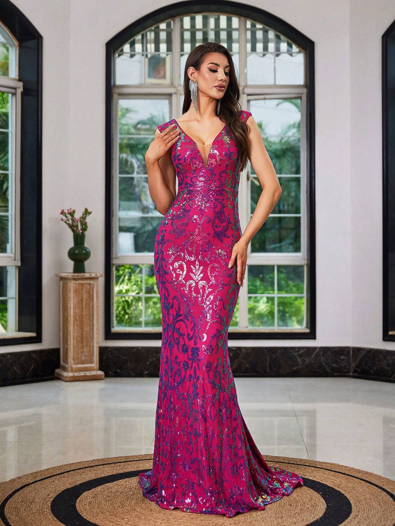 V-Neck Mesh Sequin Mermaid Maxi Dress - Fuchsia