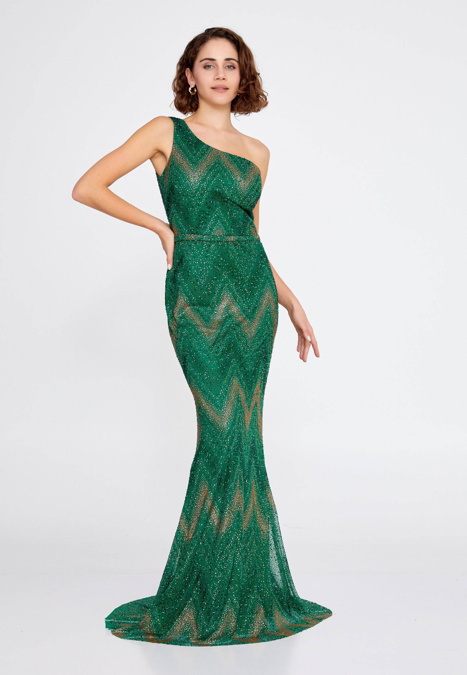 One Shoulder Beaded Maxi Tulle Mermaid Evening Gown - Emerald green