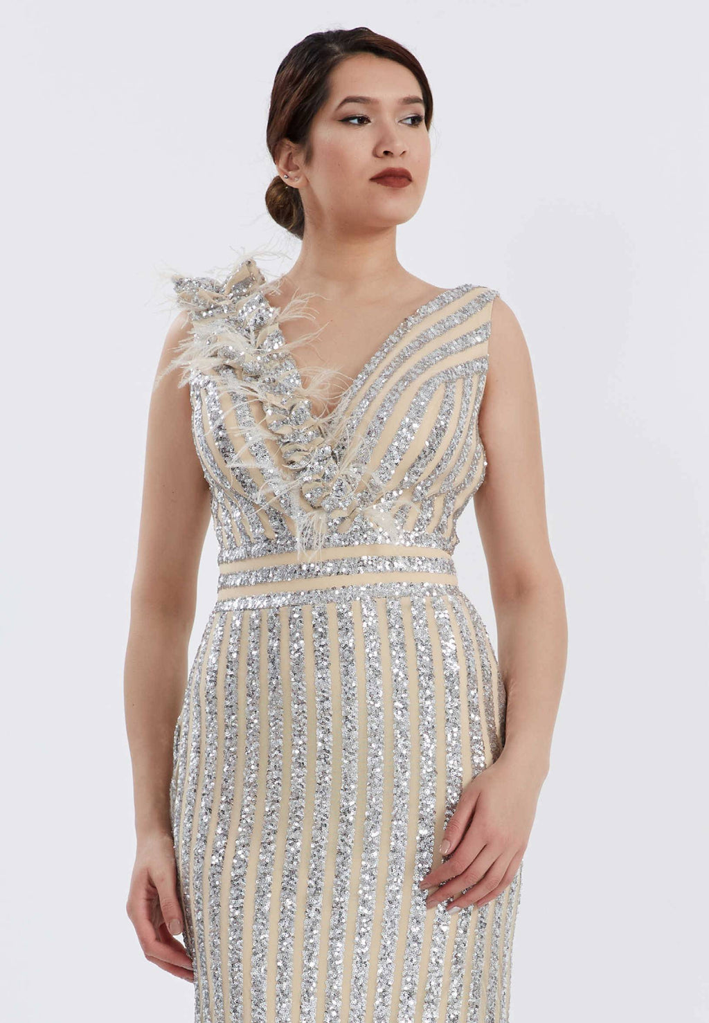 Sleeveless Maxi Sequin Bodycon Evening Dress - Silver Beige