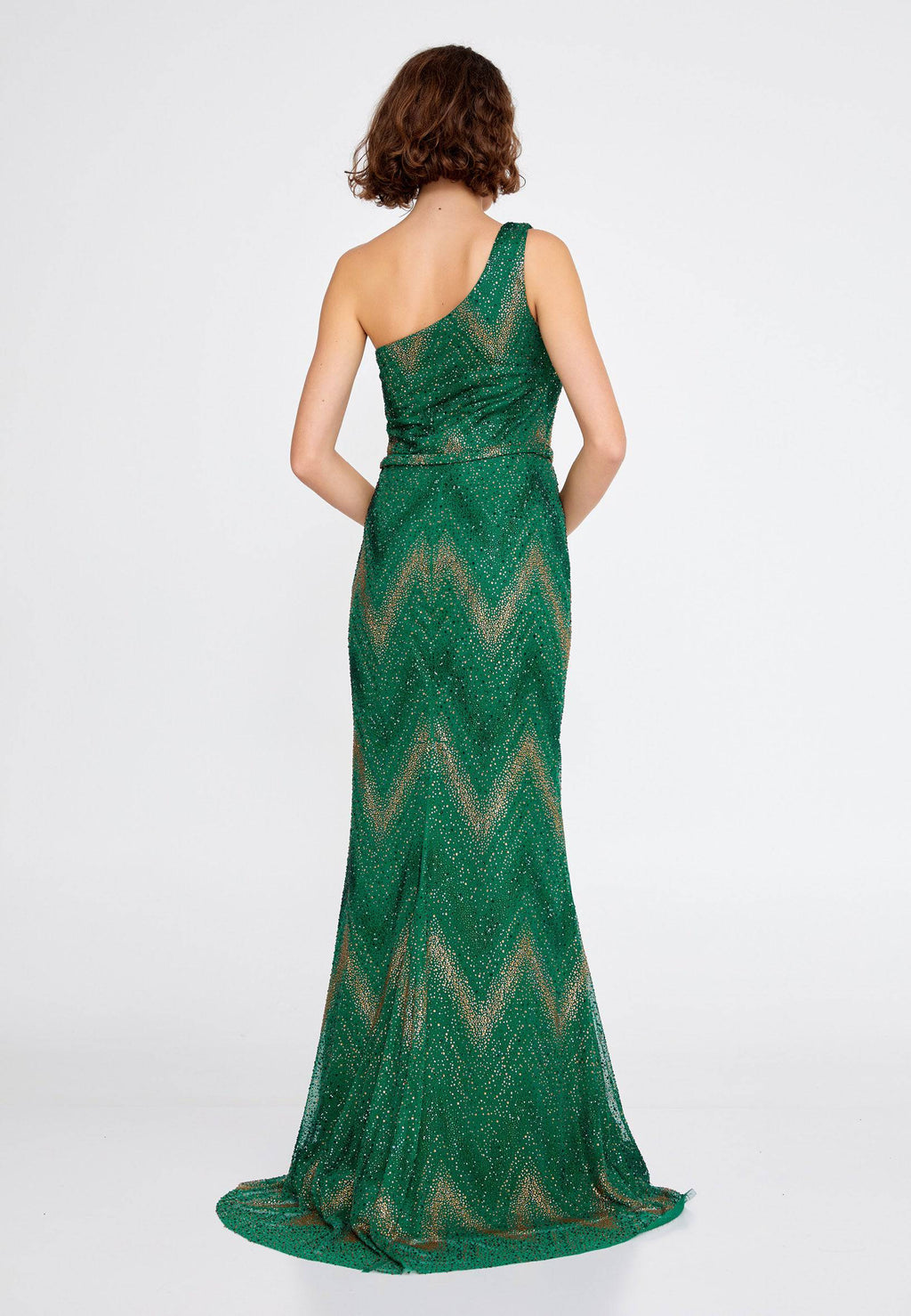 One Shoulder Beaded Maxi Tulle Mermaid Evening Gown - Emerald green