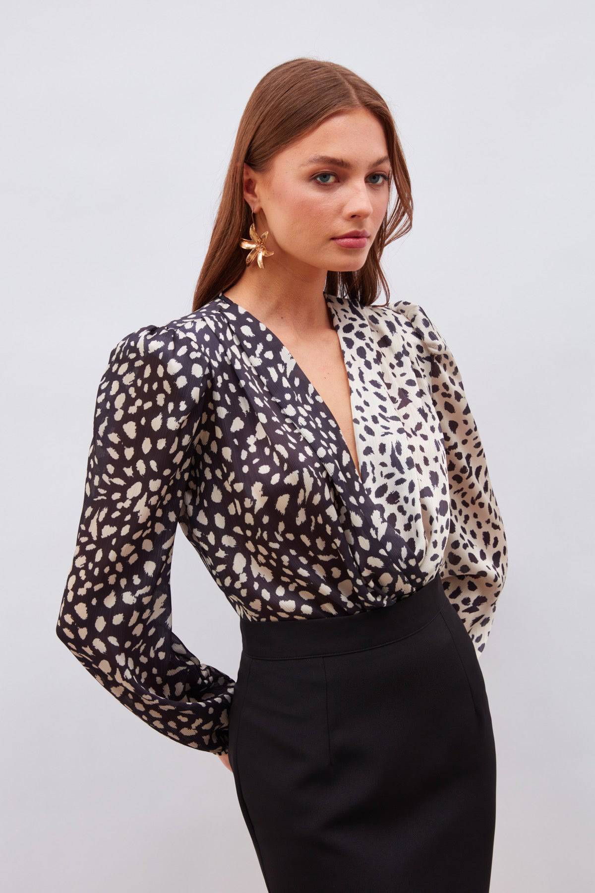 Silk Double-Breasted Patterned Bodysuit - Black and White