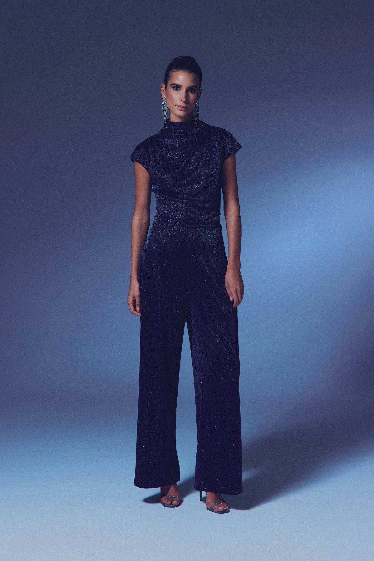 Glittery Mock Collar Bodysuit - Navy Blue