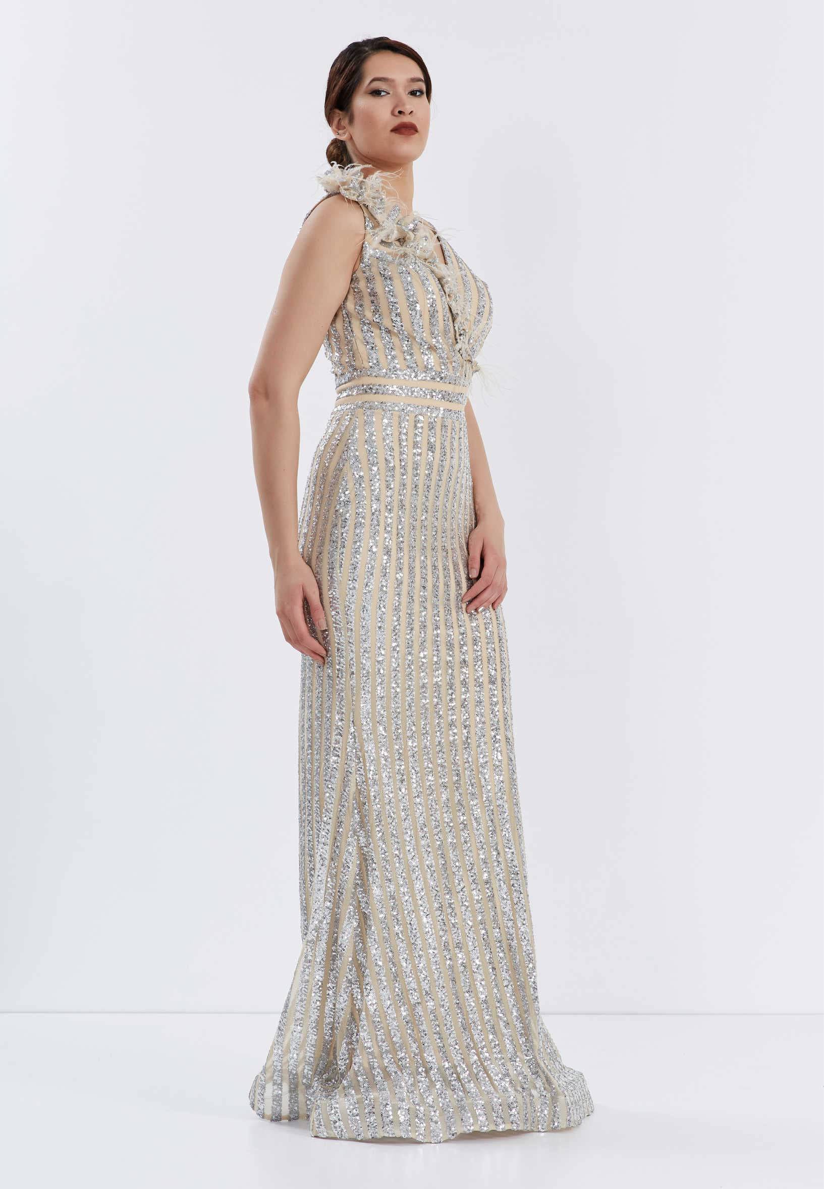 Sleeveless Maxi Sequin Bodycon Evening Dress - Silver Beige