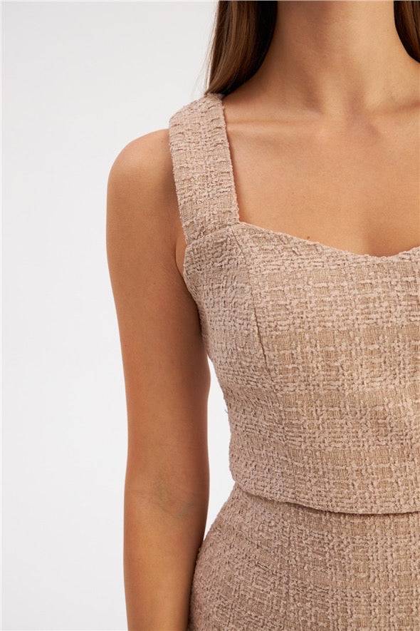 Strap Tweed Crop Blouse - Beige