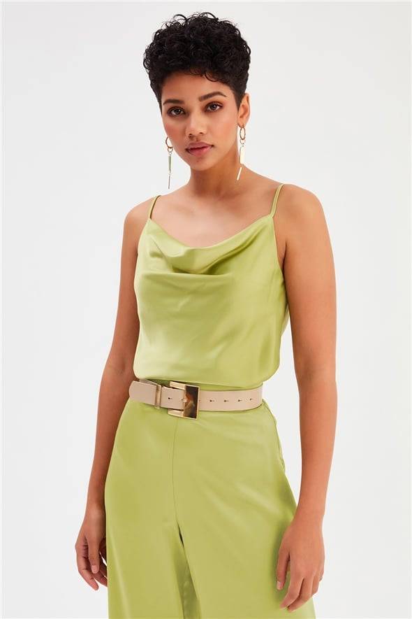 Plunging Neck Satin Cami Top- Olive