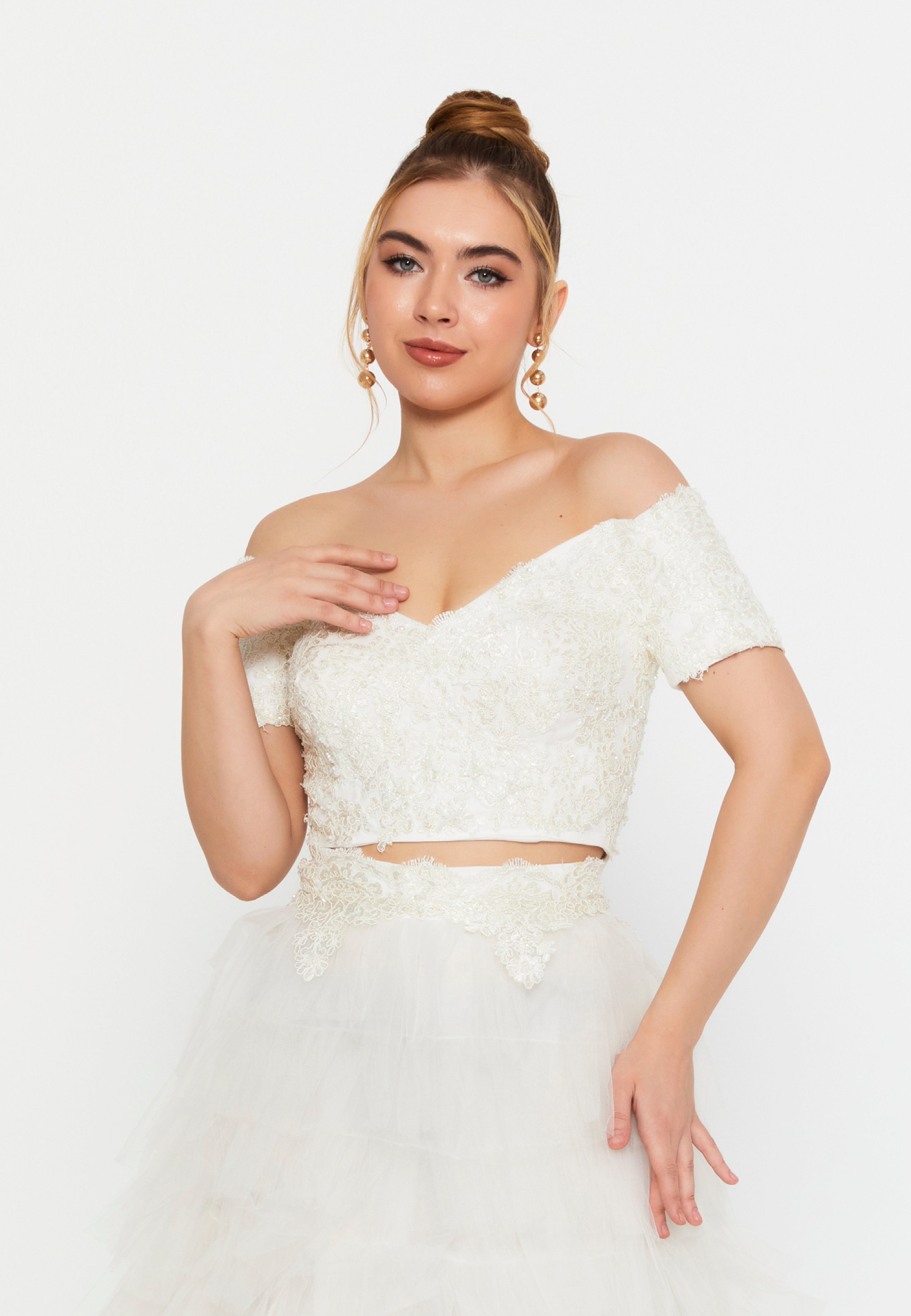 White Two-Piece Bridal Lace & Tulle Set