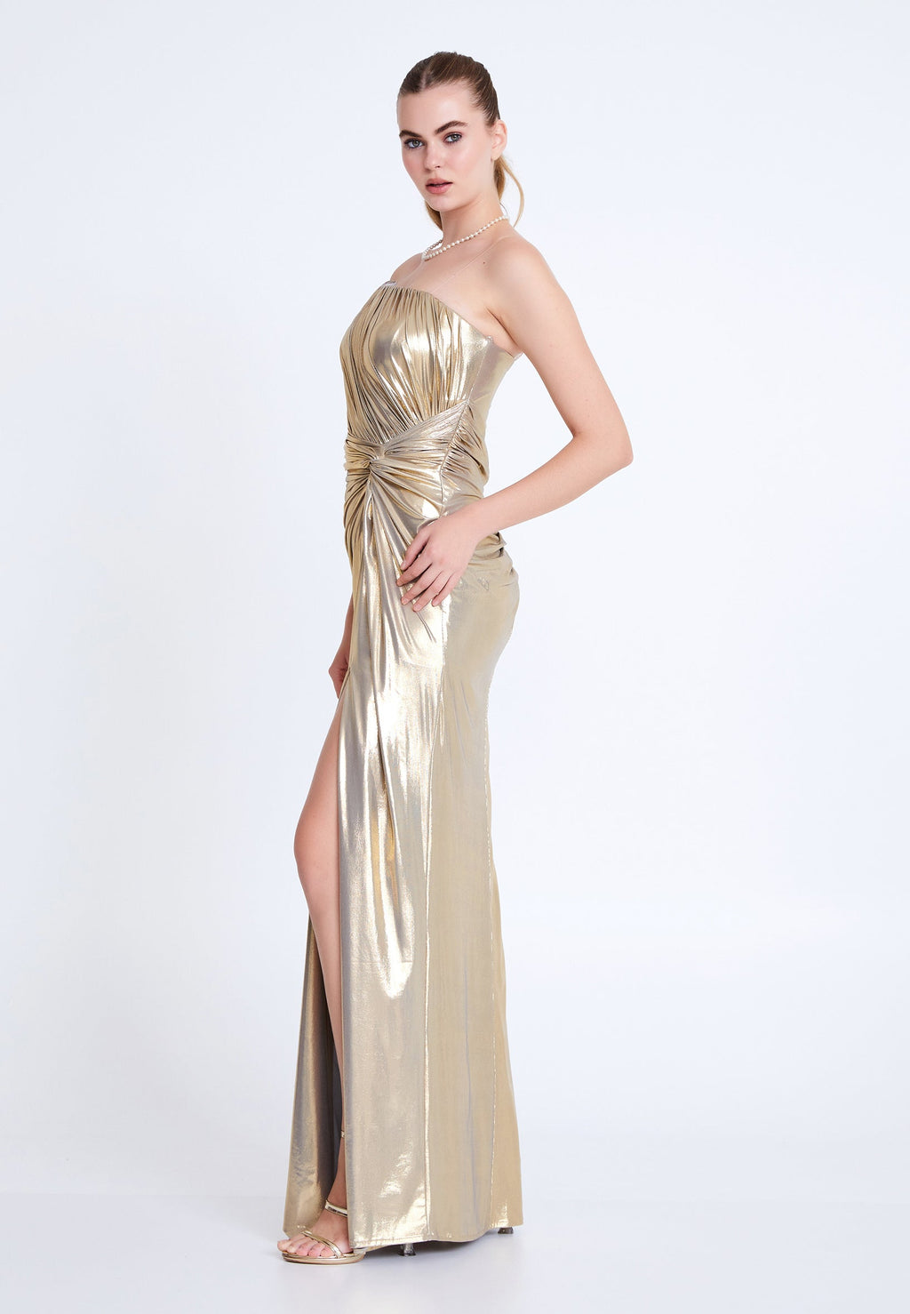 Gold Metallic Strapless Gown with Slit – Evening Dress