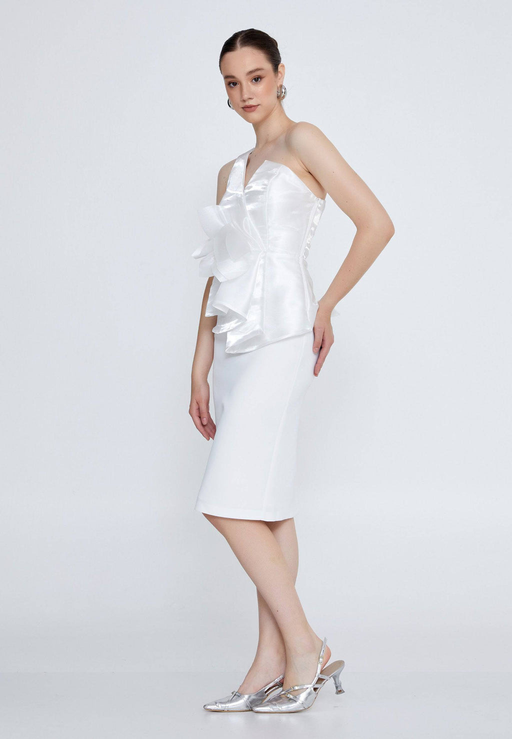 One Shoulder Midi Evening Dress - White