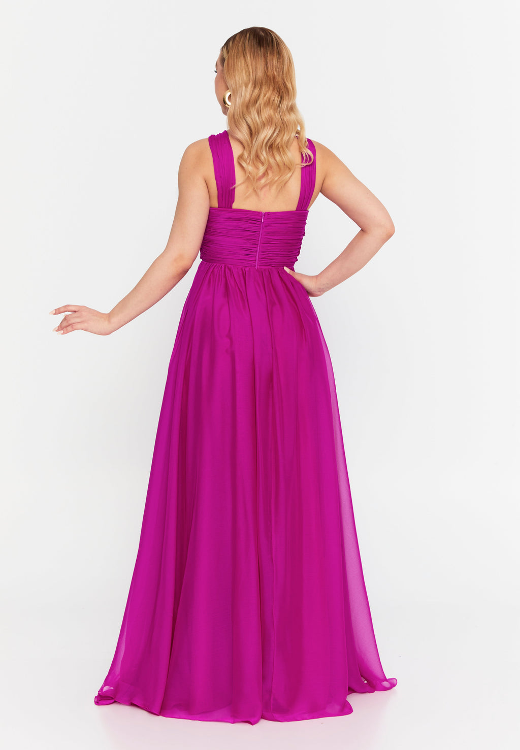 Fuchsia Plus Size Crisscross Chiffon Maxi Dress with Keyhole Front