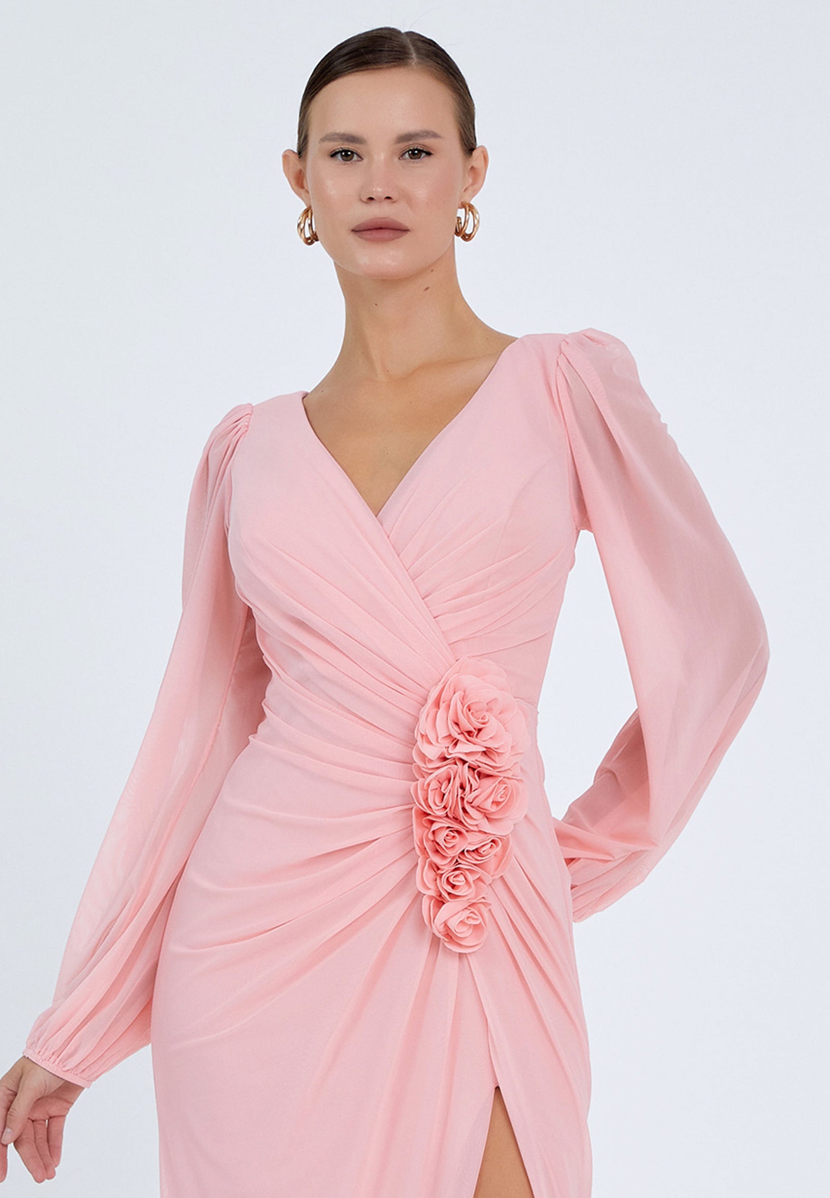 Peach Long Sleeve Floral Slit Maxi Dress – Elegant Evening Gown