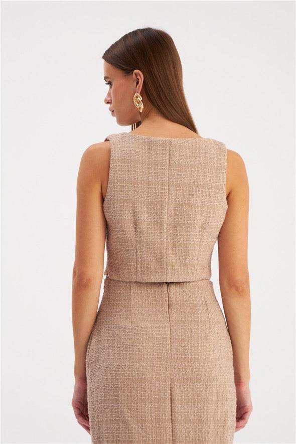 Strap Tweed Crop Blouse - Beige