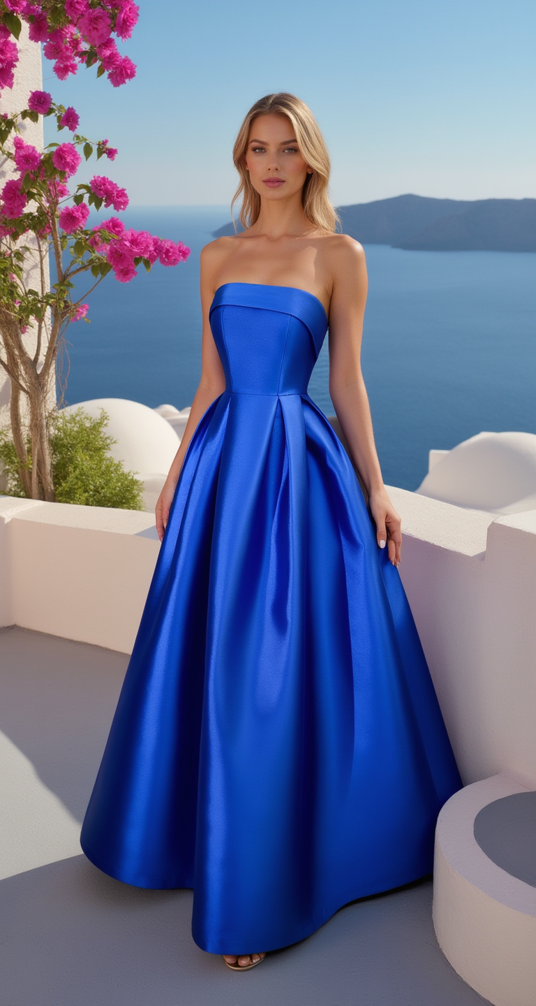 Strapless Taffeta Puffy Maxi Dress - Royal Blue