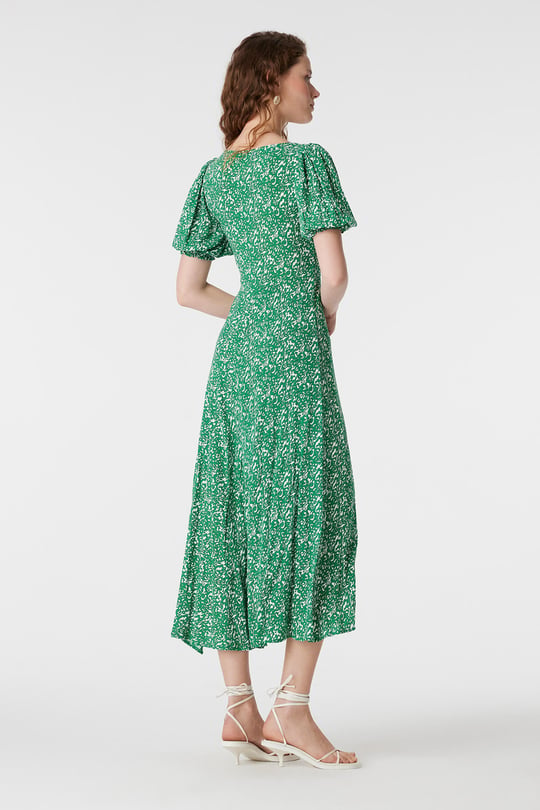 Green Puff Sleeve Floral Midi Dress with Side Slit – Summer Day Dress