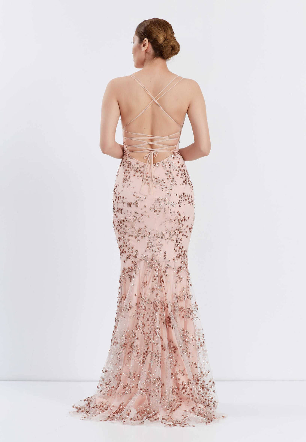 Backless Maxi Tulle Floral Sequins Mermaid Wedding Guest Dress - Rose Gold