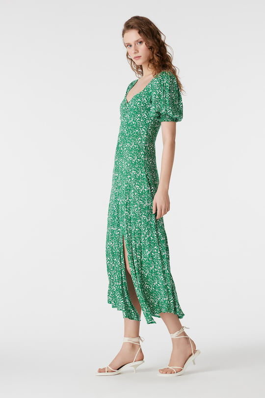 Green Puff Sleeve Floral Midi Dress with Side Slit – Summer Day Dress
