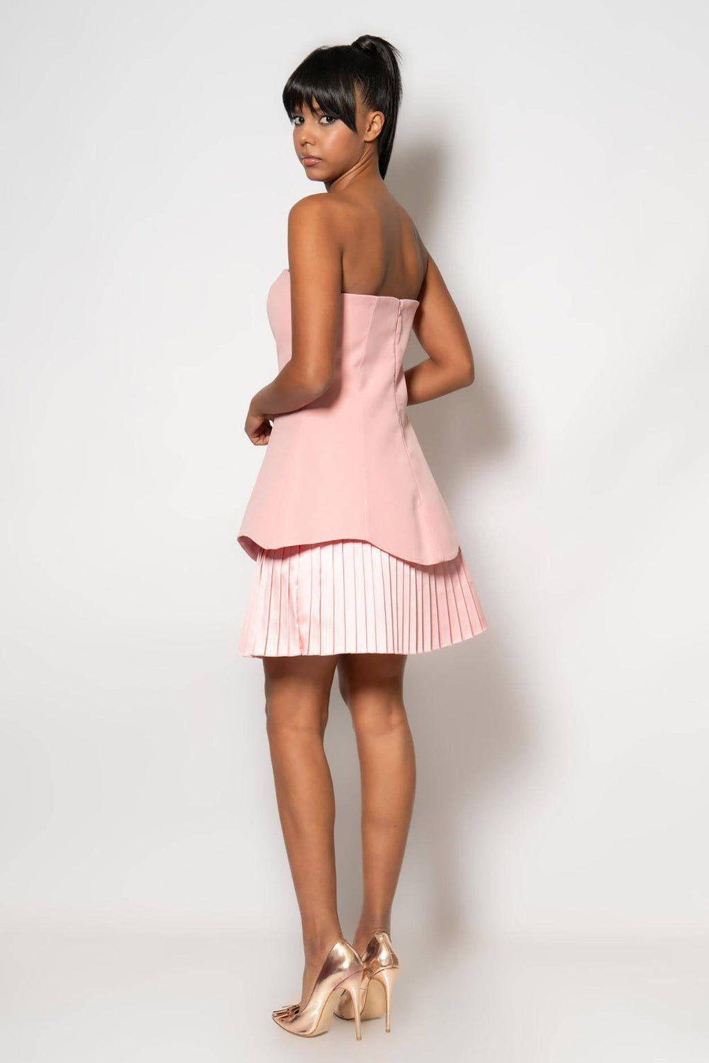 Layered Pleated Double skirt Strapless Knee Length Dress - Pink