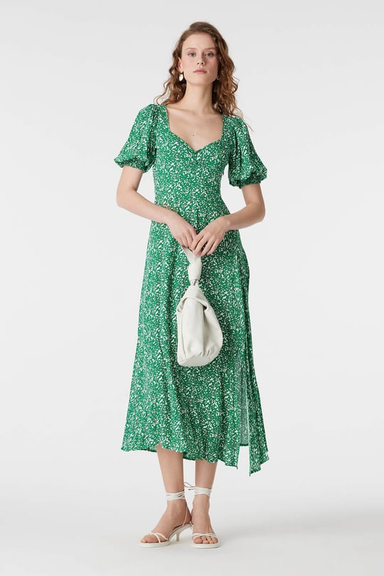 Green Puff Sleeve Floral Midi Dress with Side Slit – Summer Day Dress