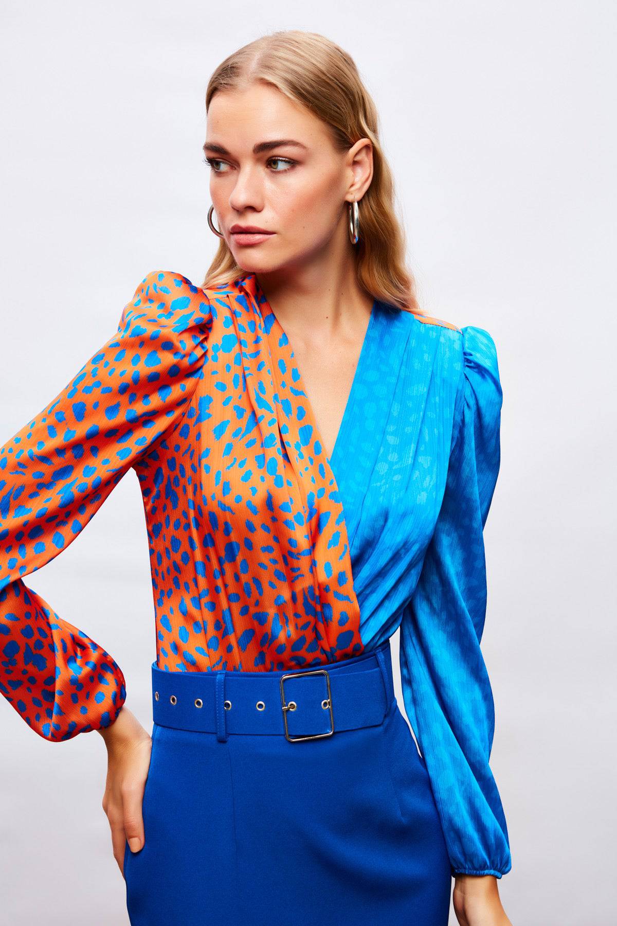 Silk Double-Breasted Patterned Bodysuit -  Blue and Orange