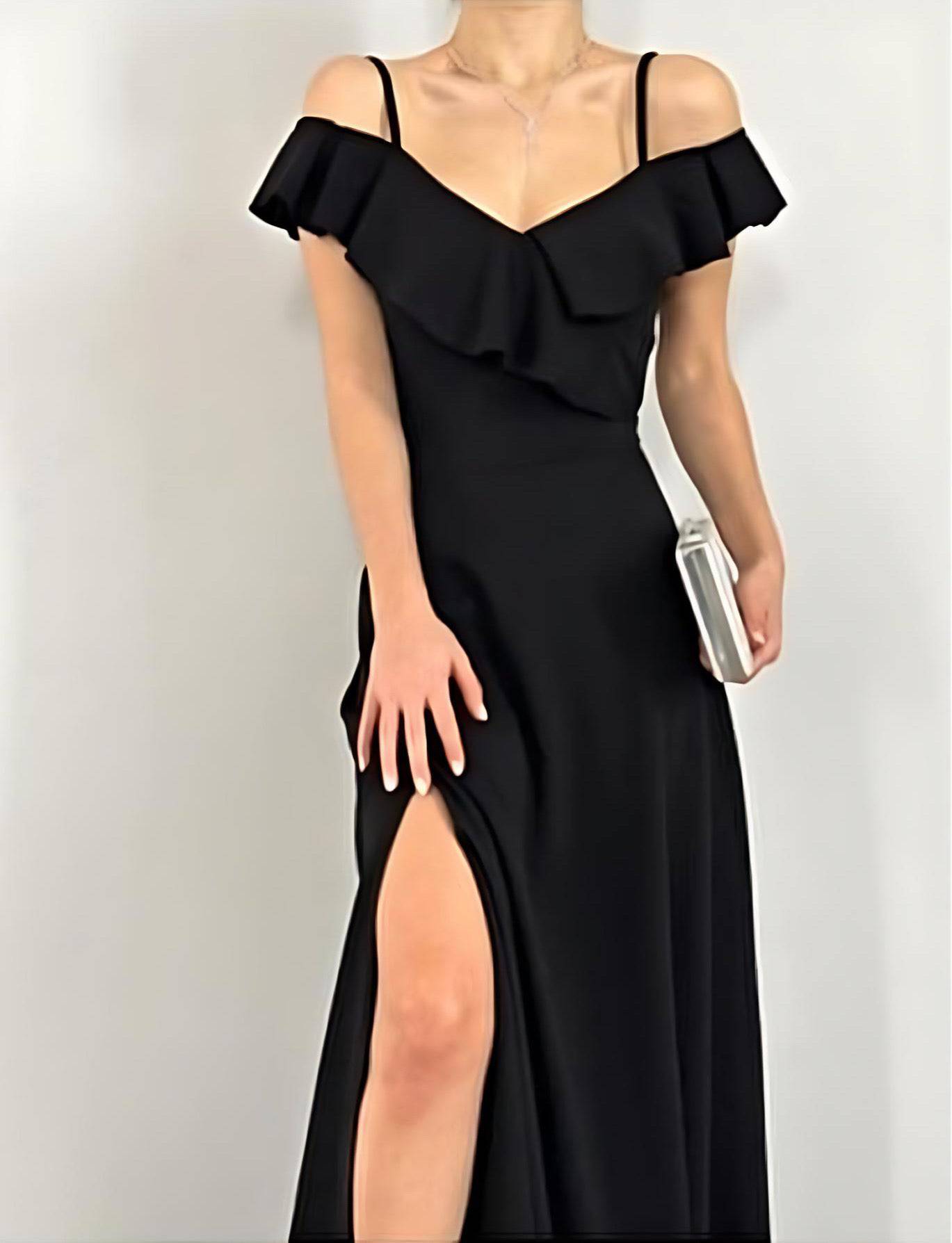 Off-Shoulder Maxi Dress with Spaghetti Straps and Long Slit - Black