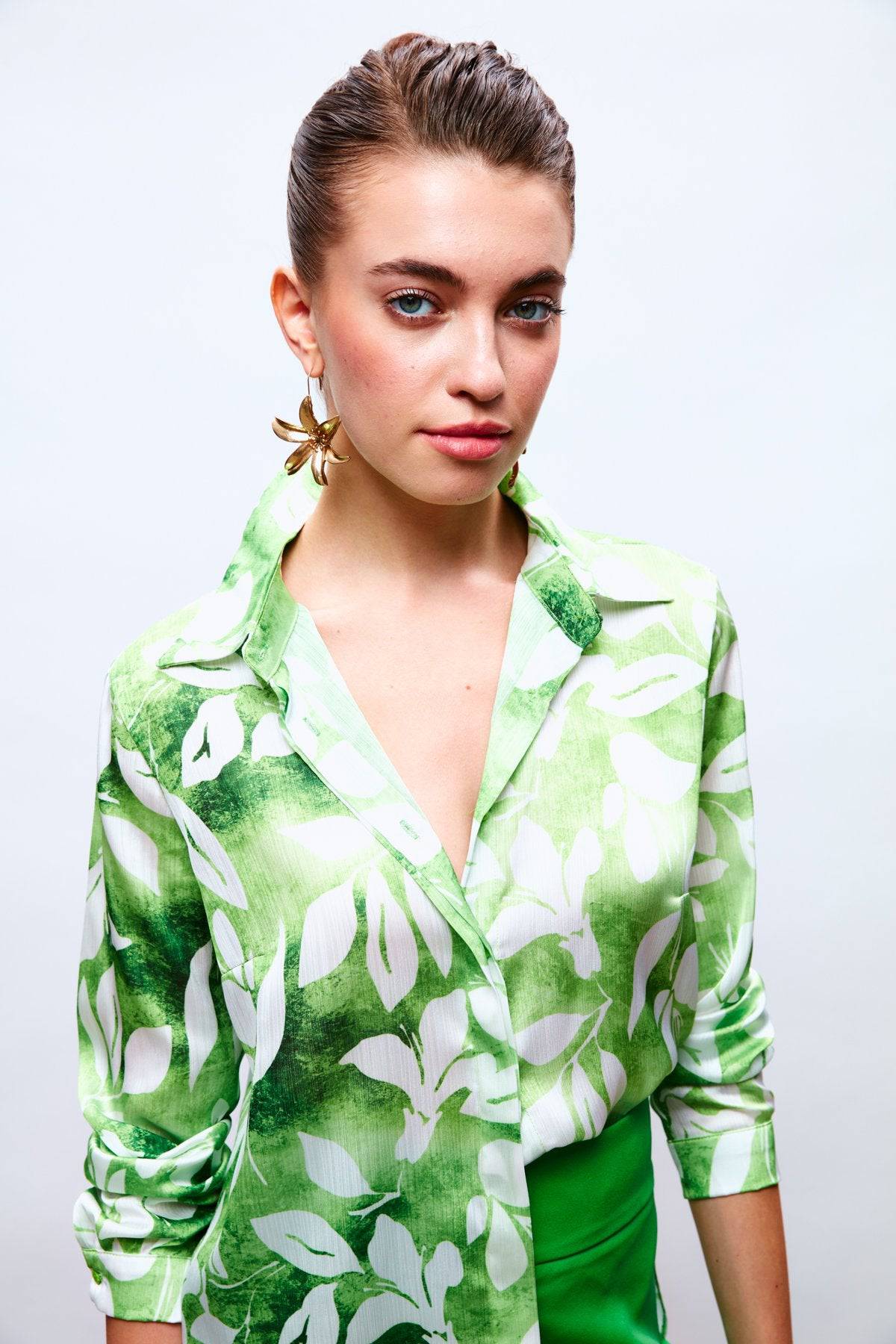 Leaf Pattern Long Sleeve Shirt - Green