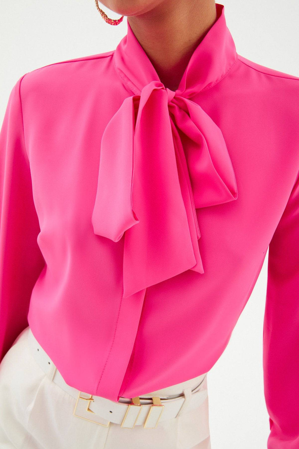 Tied Collar Plain Long Sleeve Shirt - Hot Pink