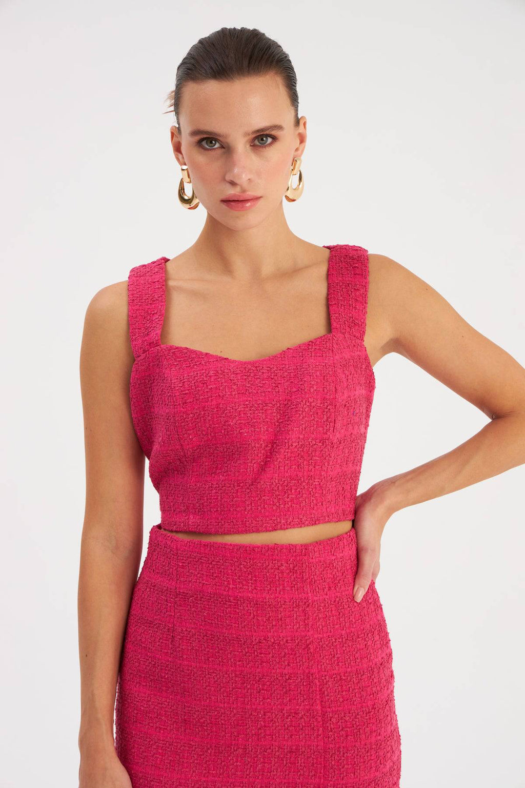 Strap Tweed Crop Blouse - Fuchsia