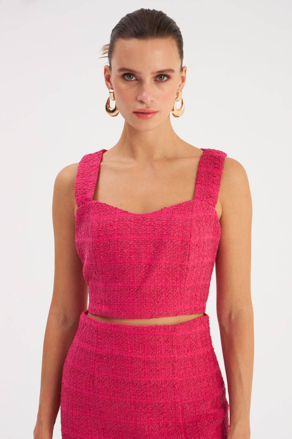 Strap Tweed Crop Blouse - Fuchsia