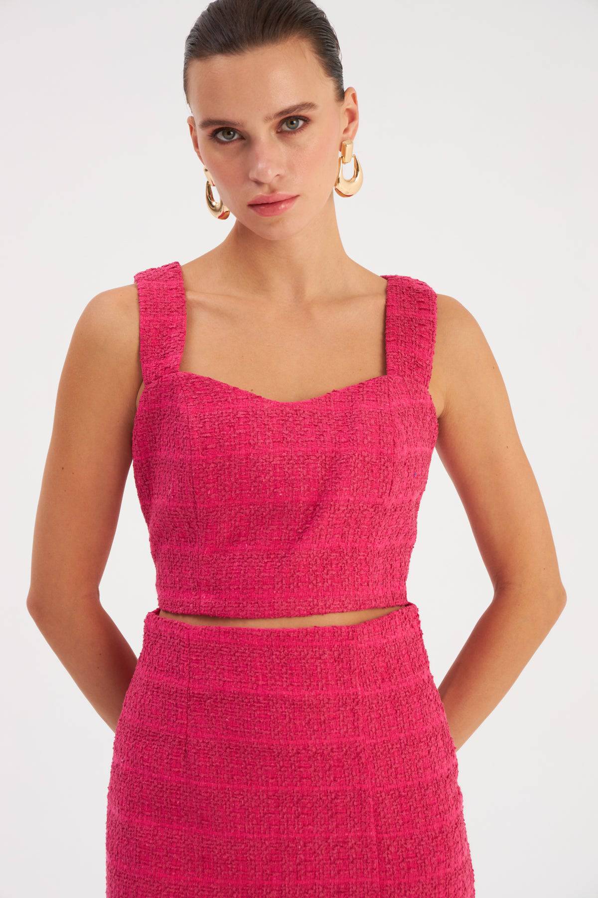 Strap Tweed Crop Blouse - Fuchsia