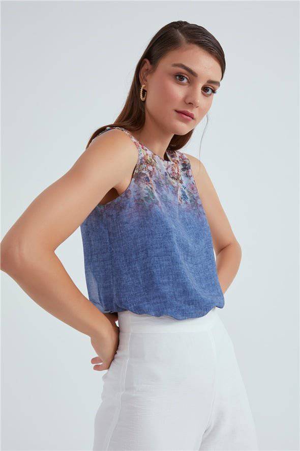 Crew Neck Ombre Floral Printed Georgette Top - Blue