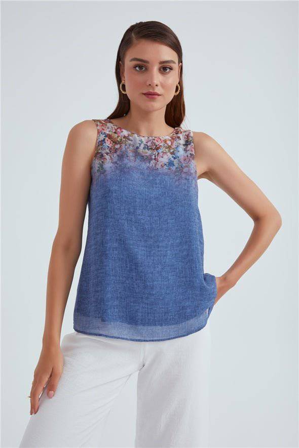 Crew Neck Ombre Floral Printed Georgette Top - Blue