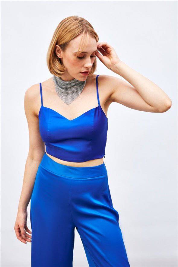 (Basic) Satin Crop Top  with String Straps - Royal Blue