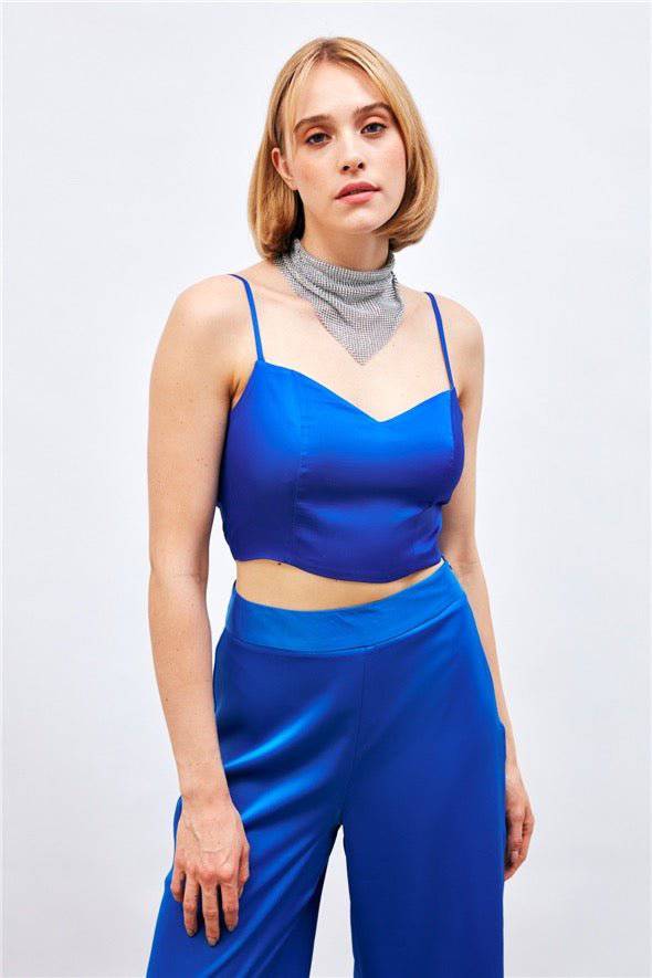 (Basic) Satin Crop Top  with String Straps - Royal Blue