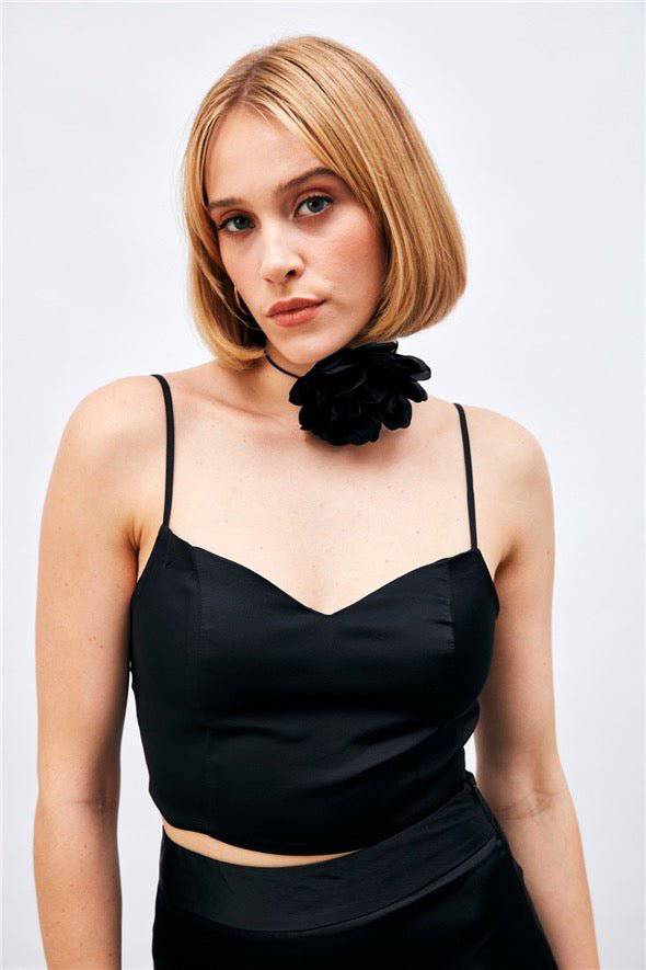 (Basic) Satin Crop Top  with String Straps - Black