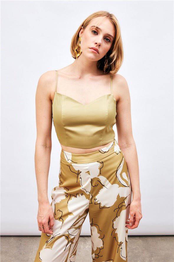(Basic) Satin Crop Top  with String Straps - Olive