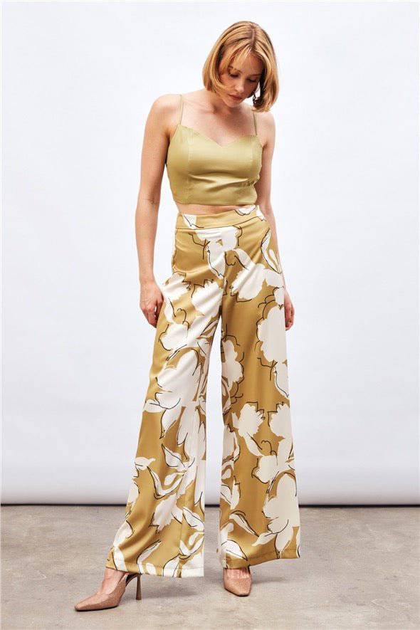 (Basic) Satin Crop Top  with String Straps - Olive