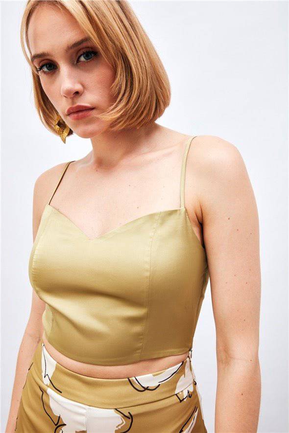 (Basic) Satin Crop Top  with String Straps - Olive
