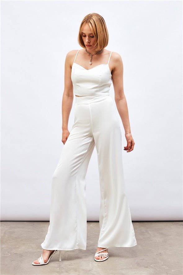 (Basic) Satin Crop Top  with String Straps - white