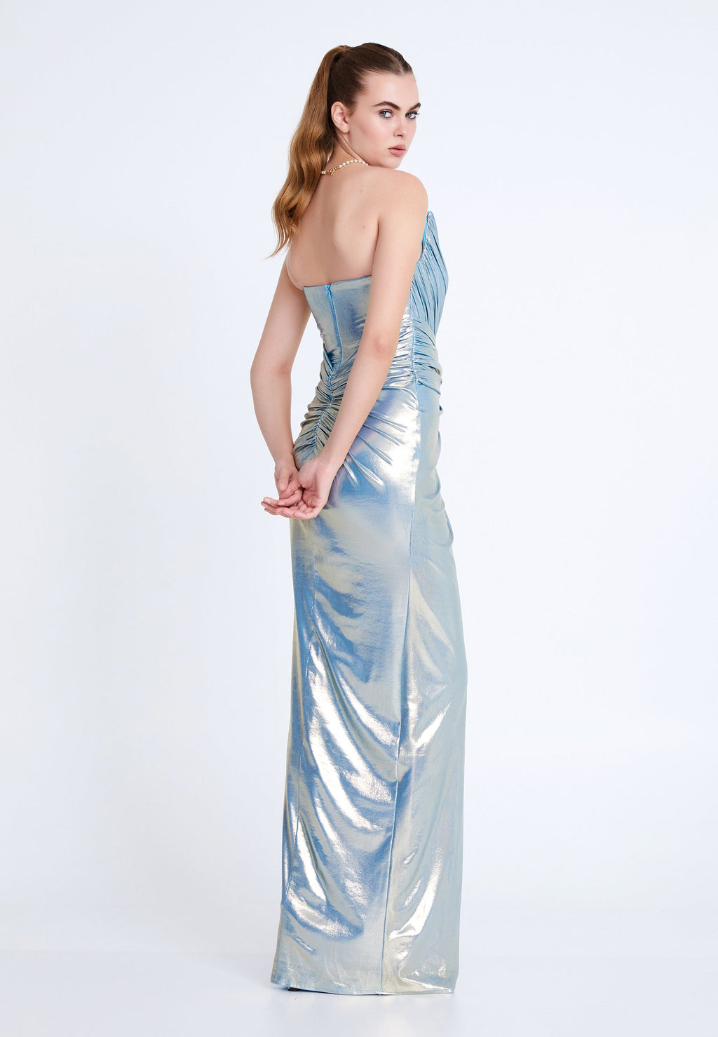 Metallic One-Shoulder Draped Gown with High Slit – Ice Blue