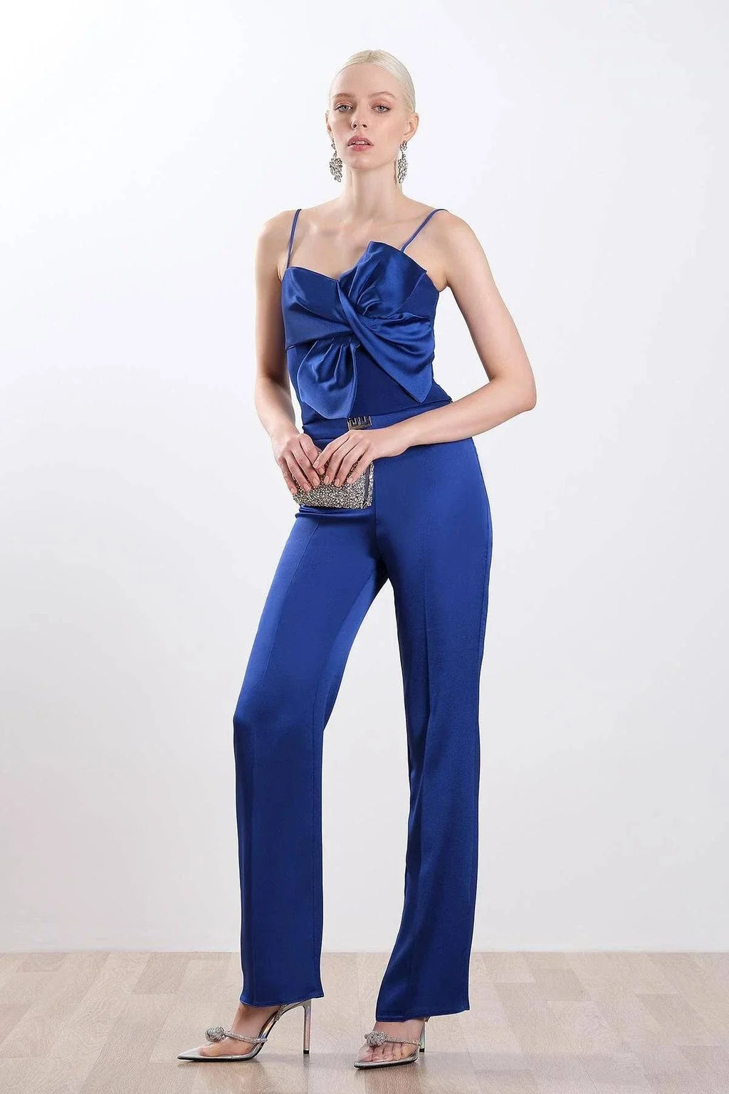 Big Bow Ribbon Detailed Satin Crop Blouse - Azure Blue