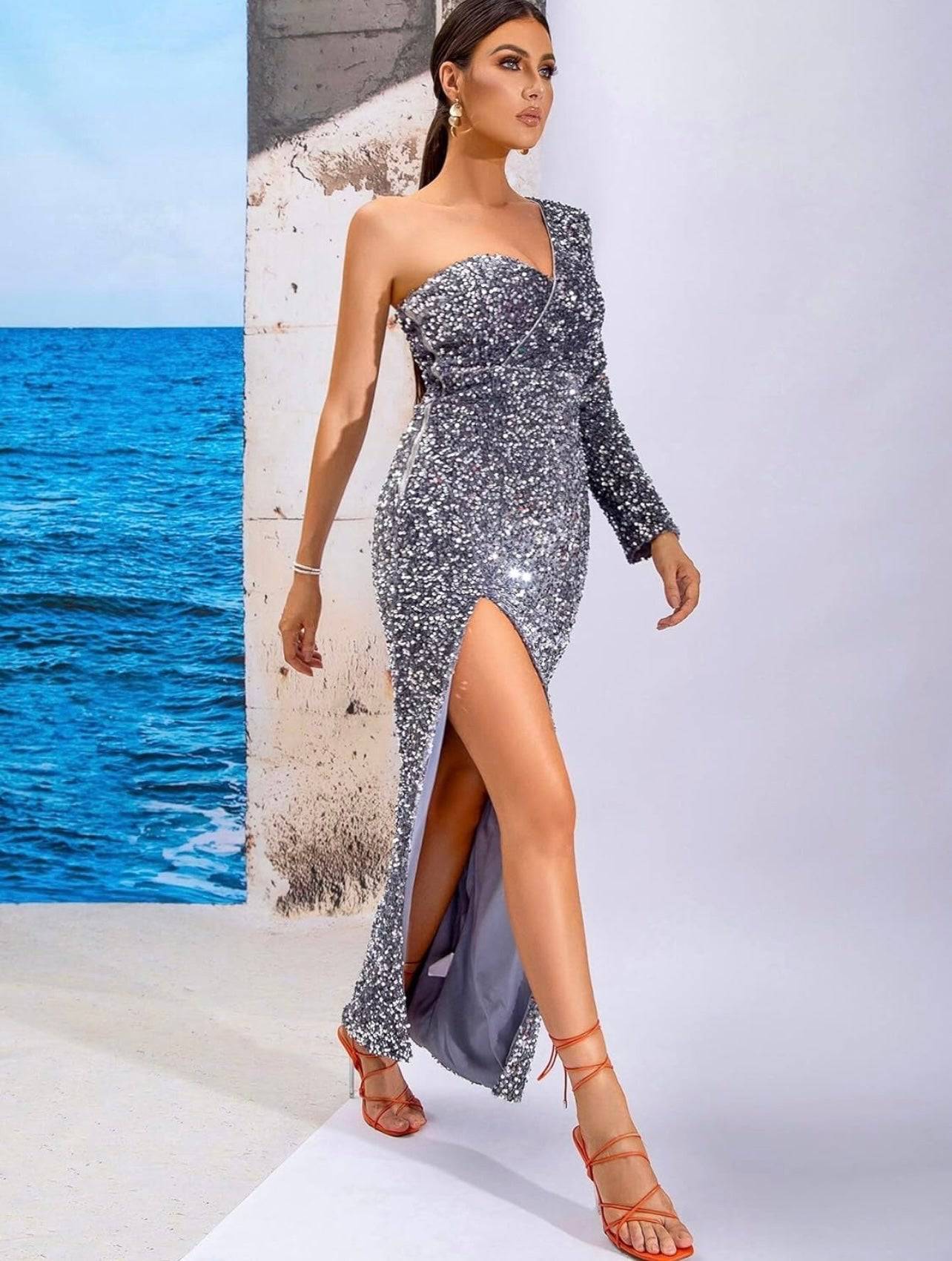 Midi Dress One Shoulder Sweetheart Neck with Long Slit Velvet Sequins Dress - Silver